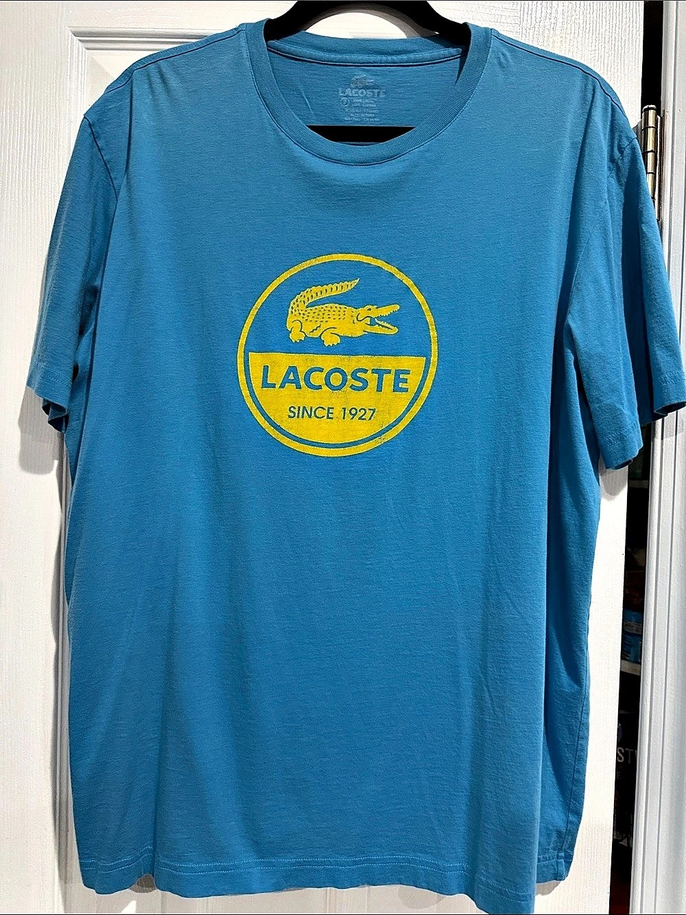 Lacoste Vintage Print Cotton T-Shirt Logo Short Sleeve T-Shirt in Blue Like New